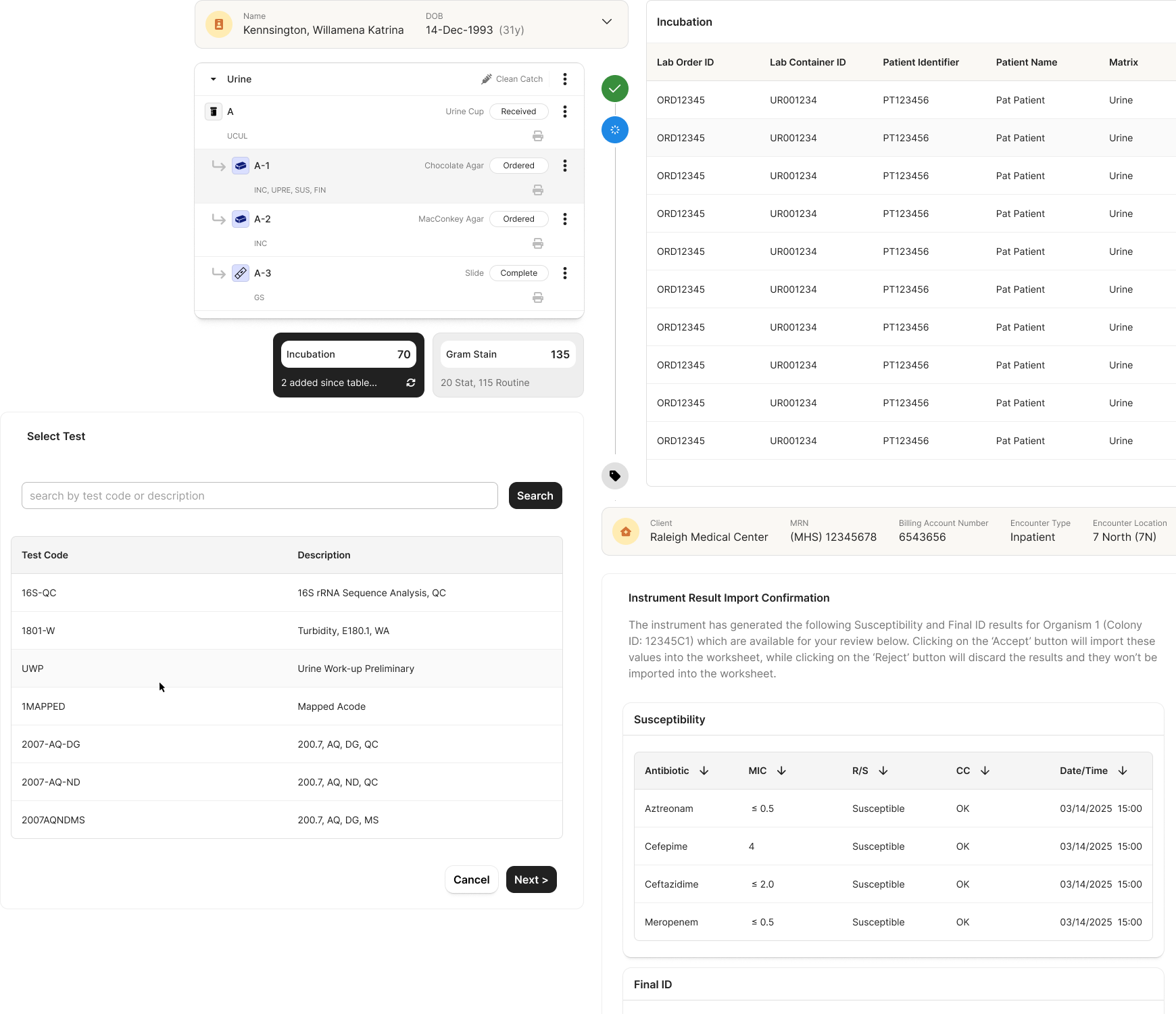 Product screenshot montage on black — the Materials tree, batch tiles, Select Test modal, Incubation worklist, and Instrument Result Import Confirmation panel with Susceptibility results